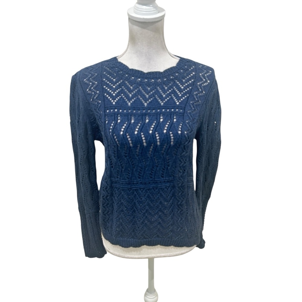 Autumn Cashmere cotton blue crochet laser cut Knit crew neck sweater Top small